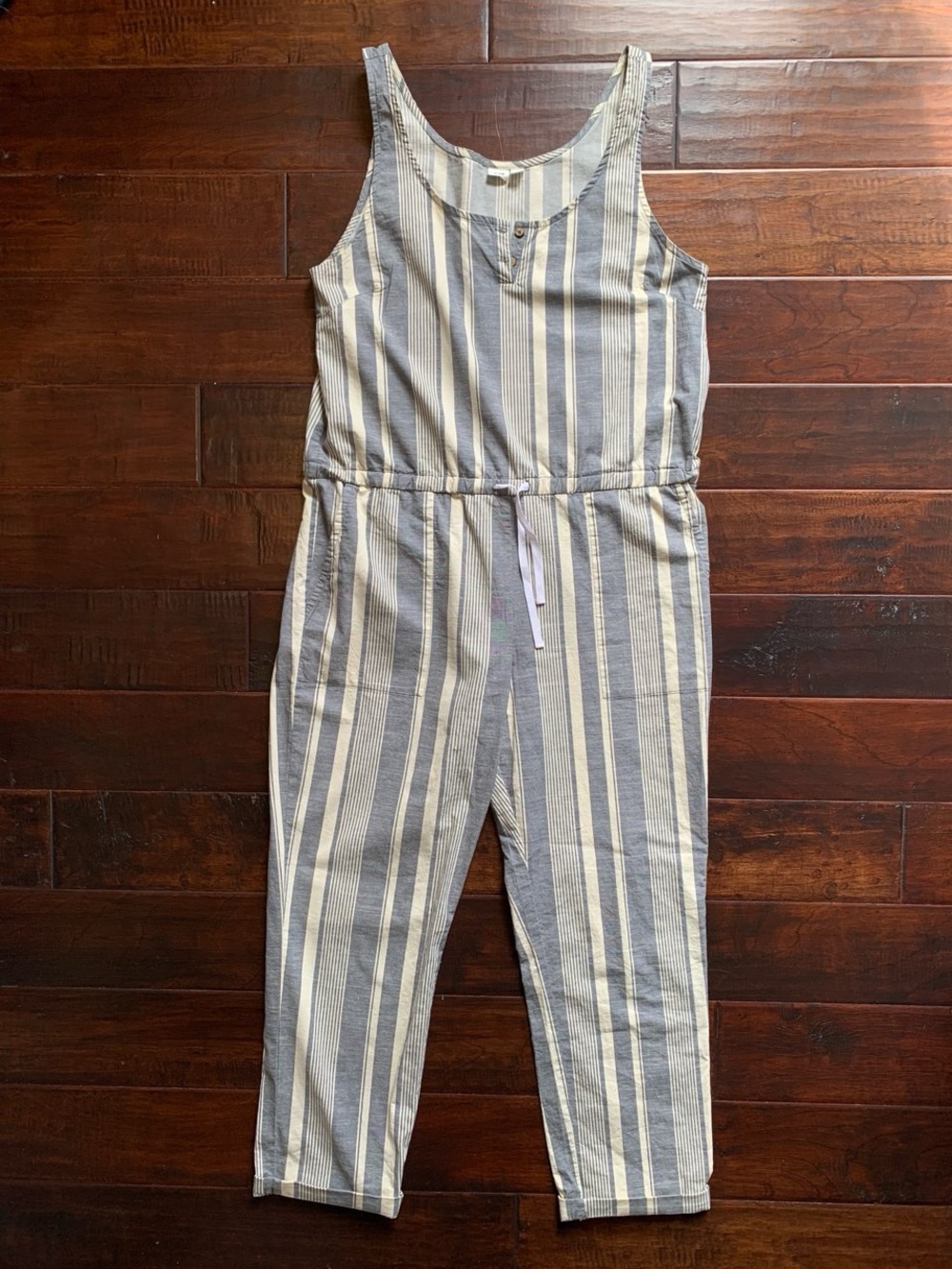 tentree Striped Jumpsuit L | Organic Cotton Hemp Drawstring Minimalist